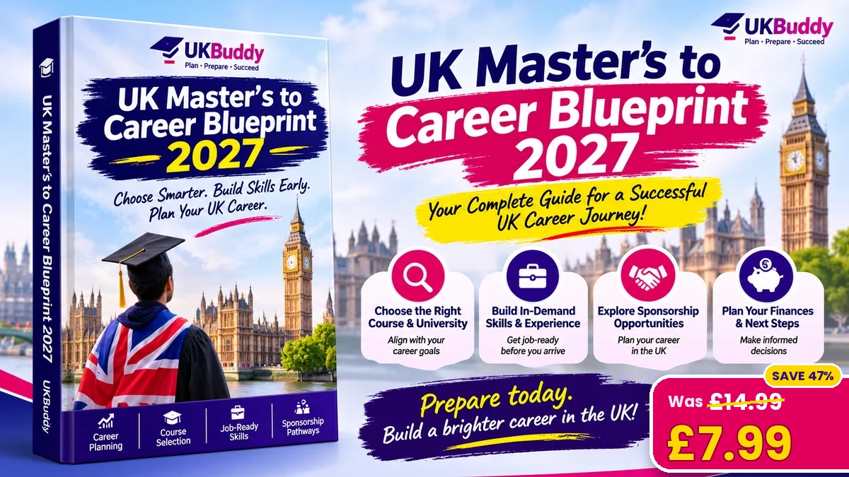 UKBuddy guide “UK Master’s to Career Blueprint 2027”: choose the right course and university, build in-demand skills, explore sponsorship opportunities and plan your finances. Digital guide, was £14.99, now £7.99.