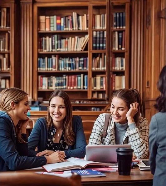 International students studying together around a laptop in a library