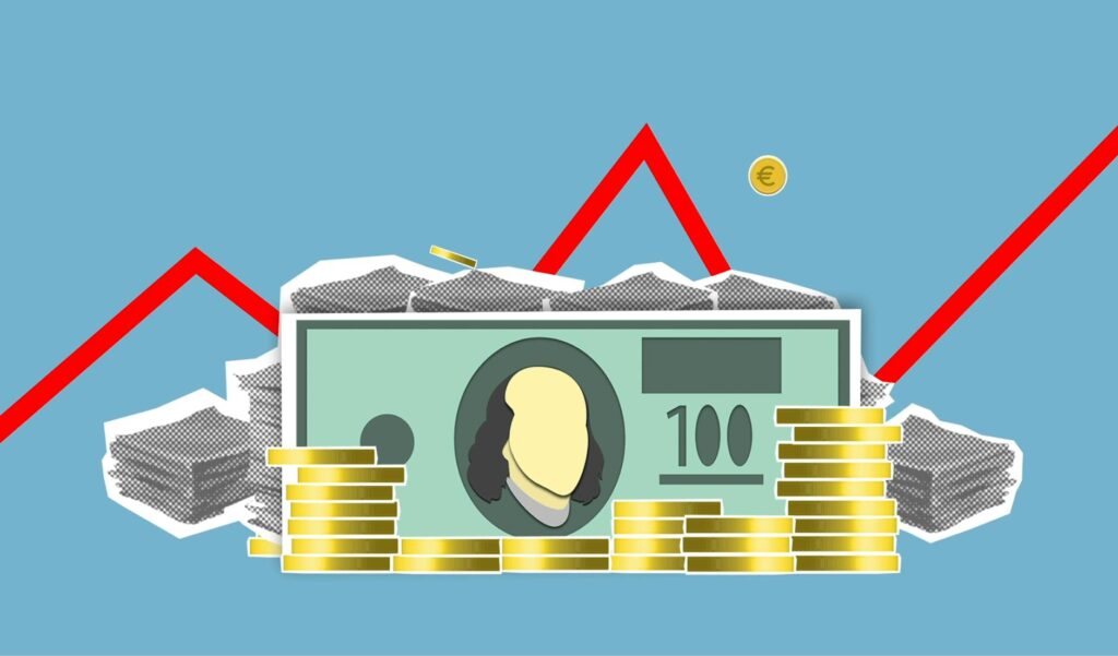 uk visa application fee increase — Cutout paper composition of dollar bills between pile of coins and financial stocks with c