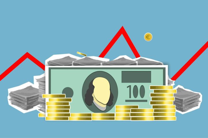 uk visa application fee increase — Cutout paper composition of dollar bills between pile of coins and financial stocks with c