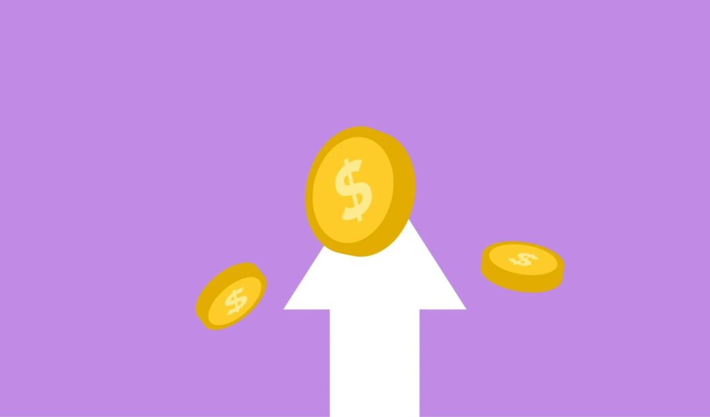 uk visa application fee increase — Decorative cardboard appliques of arrow and dollar coins representing income concept on vi